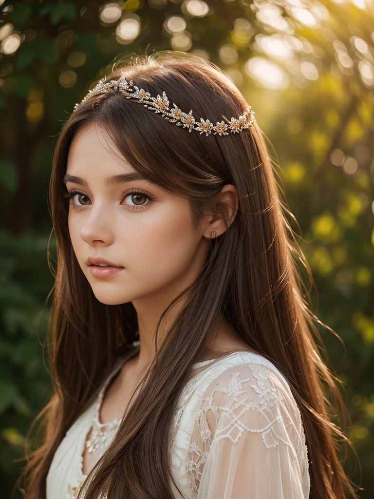 a detailed portrait of a young girl with long brown hair, fair skin, and light brown eyes, wearing a white princess dress, beautiful eyes, perfect eyes, full body image, 8k resolution, realistic human skin, photorealistic, highly detailed, masterpiece, studio lighting, physically-based rendering, sharp focus, vivid colors, extremely detailed face and eyes, long eyelashes, natural lighting, warm color palette