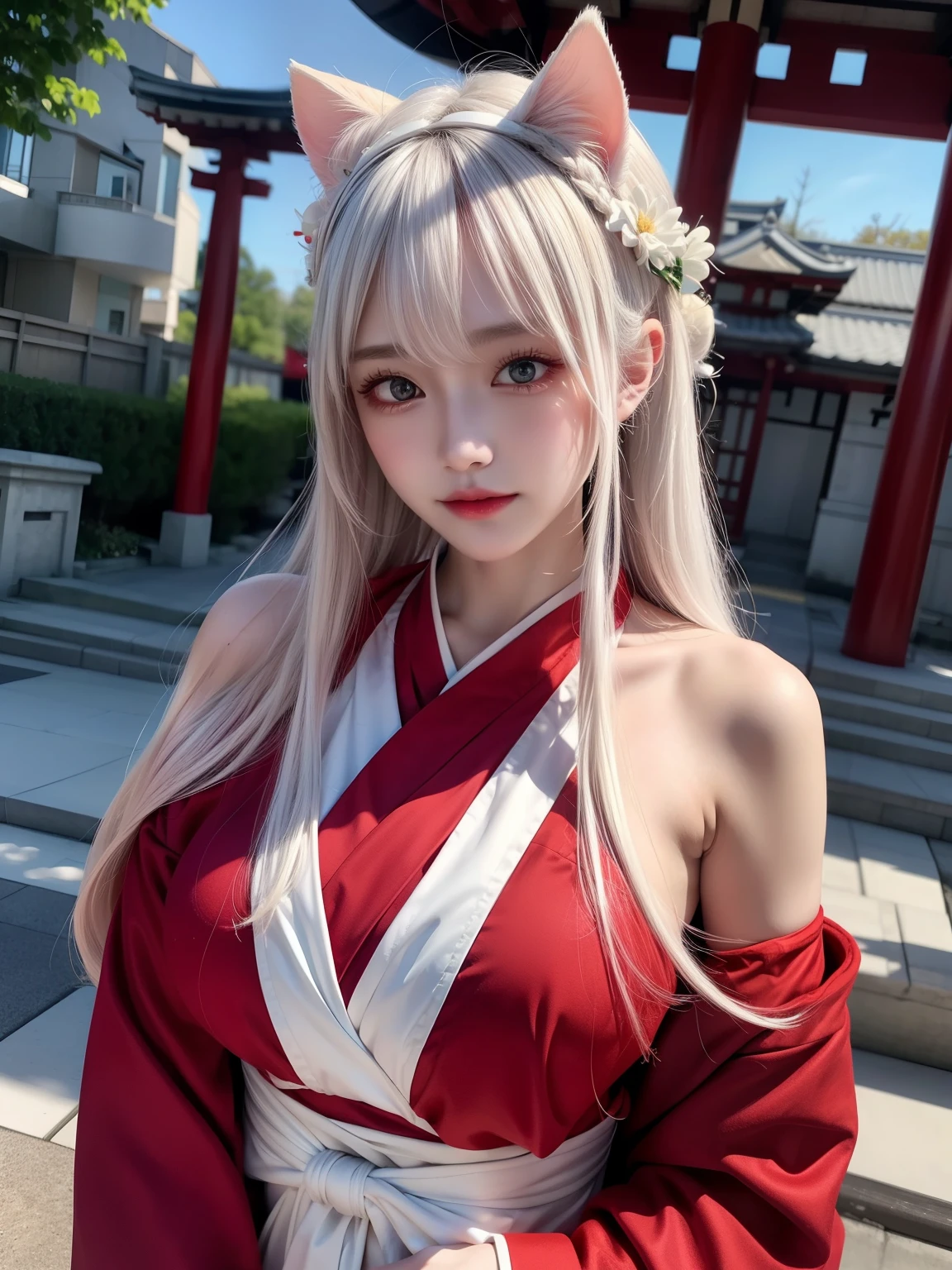 （（best qualtiy））， （（tmasterpiece））， （detail：1.4）， Beautiful cyberpunk Japan woman image，sixteen years old，(Photograph the whole body)，（High Dynamic Range），Ray traching，NVIDIA RTX，Hyper-Resolution，illusory 5，PBR Textures，post processed，Anisotropy Filtering，depth of fields，maximum definition and sharpness，multi-layer texture，Albedo e mapas Speculares，Surface Coloring，Mitsu-Accurate simulation of material interactions，Perfectly proportioned，rendering by octane，Two-colored light，Large aperture，Low ISO，White Balance，Rule three points、8K raw data、Beautiful bright red pupils，Off-the-shoulder clothing,  Priestess Uniform，Crimson Hakama，Pink gradient on pure white hair，Delicate face and eyes，with round face,　drooing eyes,　long eyelasher，Blushlush，Delicate and fluffy hair，lip，pure，Cute face，huge breasts，Artistic sense，Advanced Sense，Snowflake，flower petals，Snowflake,　Japanese shrine torii background,　Beautiful Hair Accessories，long hair and waist，Hair fluttering in the wind，Snow White cat ears, 