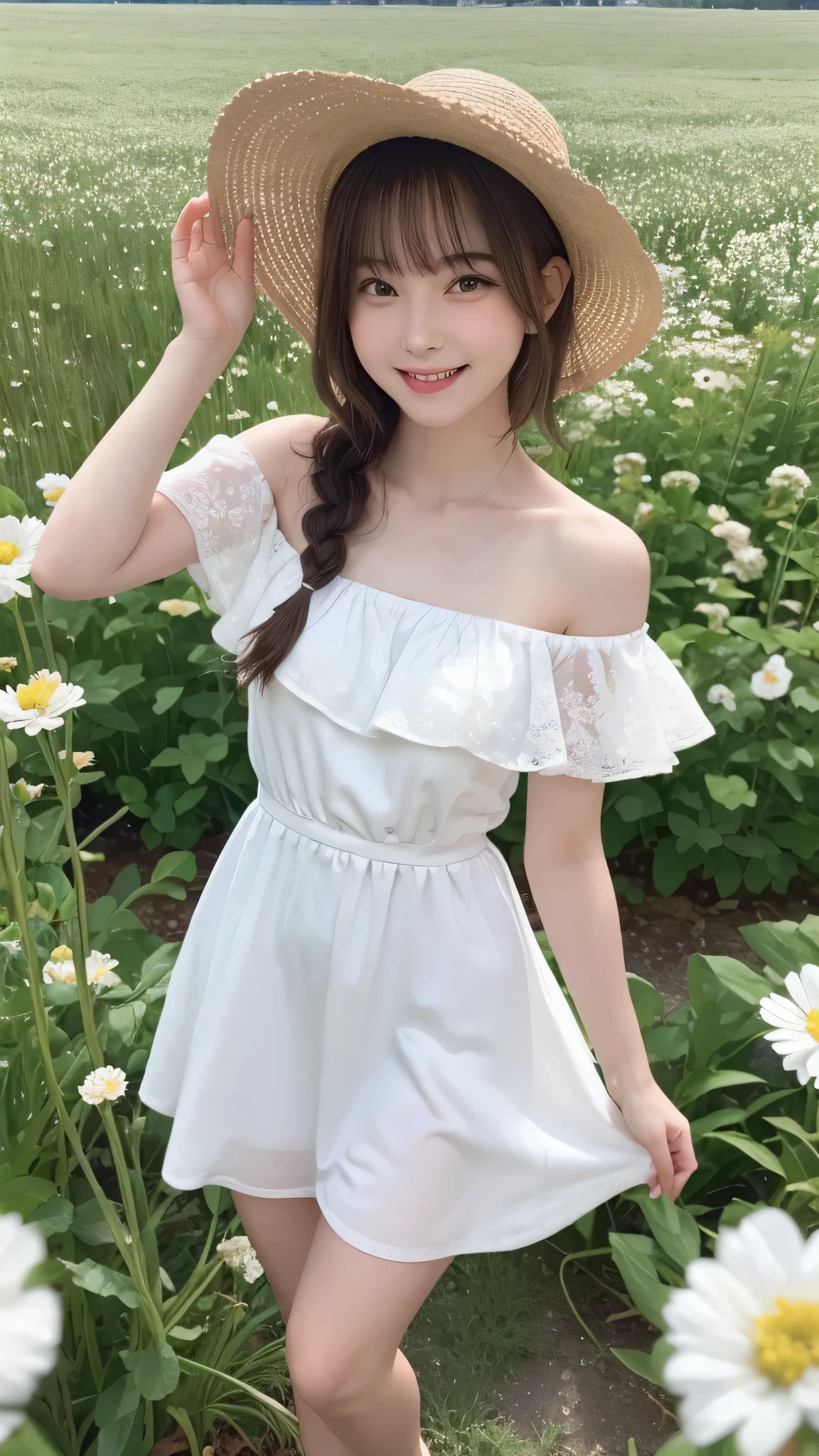 top-quality,fullbody shot,,super high resolution,(Realistic:1.4),Raw photography, 

highest quality、masterpiece、超A high resolution、(Photorealistic:1.4)、RAW Photos、1 girl、White Dress、Off the shoulder、Flower Field、Glowing Skin、A light smile、Braided hair、Floating Hair、Rape flower field、Backwards、Backwards , Straw hat , huge shy smile  , big eyes , heart-shaped pupils , blush , pout , random cute pose  , dancing , running , t pose