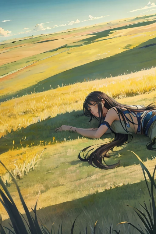 lying on a steppe of dense (very tall grass)