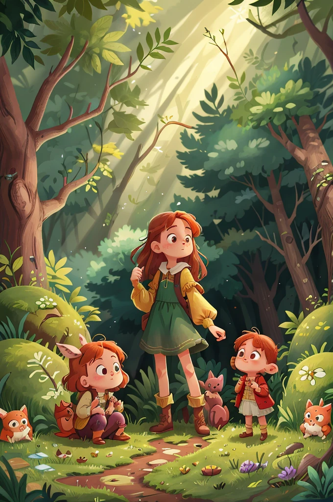 Illustration for a Fairy Tale: A Whispering Friendship with the Woodland Creatures

Scene 1: A young, kind-hearted girl, around 16 years old with long, flowing auburn hair, stands by the edge of a tranquil forest. She is adorned in a simple yet elegant dress, the color of freshly fallen dew. A sense of gentle curiosity and respect radiates from her every feature, as she gazes at the woods filled with creatures of all shapes and sizes.

Scene 2: A family of deer timidly approaches her, their eyes reflecting trust and serenity. The girl extends her hand, and to everyone