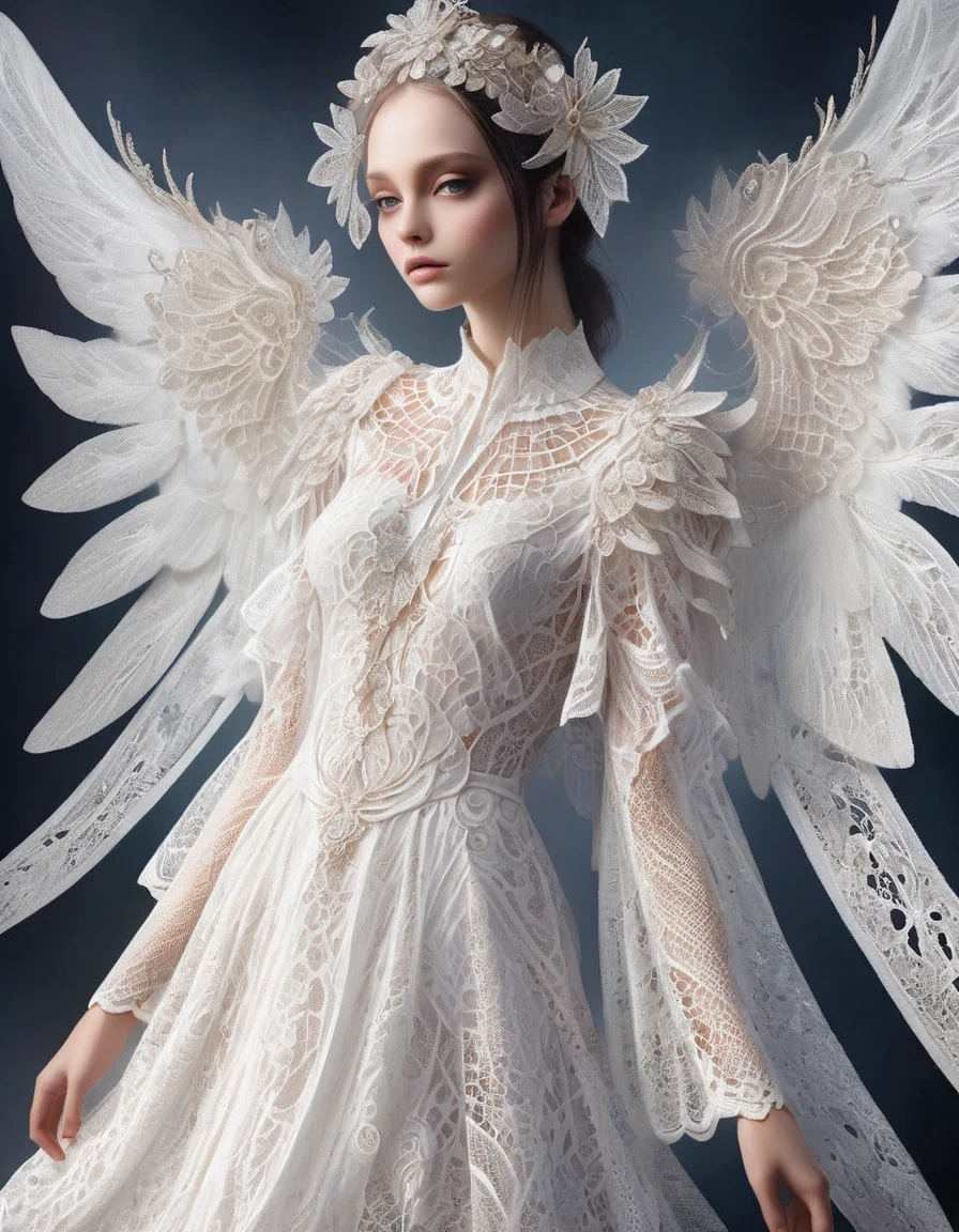 Lace Angel，Woven wings, hollow dreams，Lace texture angel shape，Divine Light，Hollow transparent wings，White lace dress，Gothic style white lace clothing design