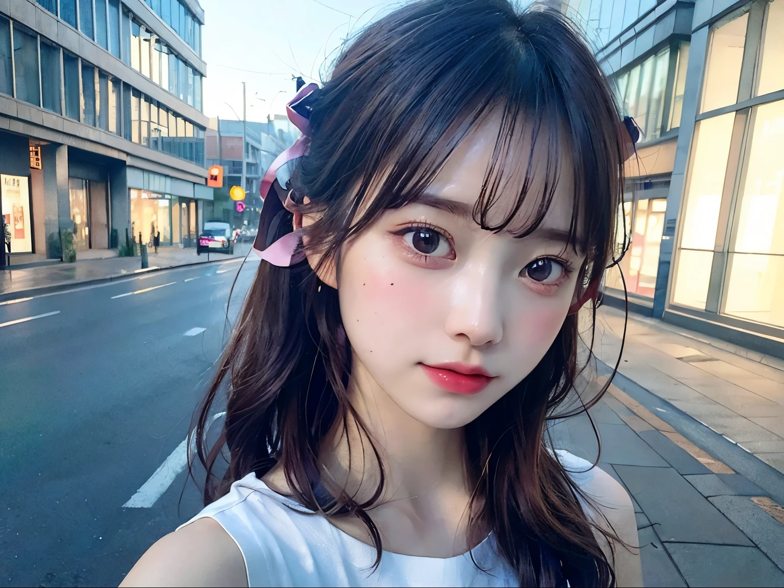 (8K, best quality, masterpiece:1.2),(best quality:1.0), (super fast:1.0), Watercolor, beautiful woman, shoulder, hair ribbon, Agnes Cecile, half body portrait, Very shiny bright design, pastel colors, (ink:1.3), autumn lights,