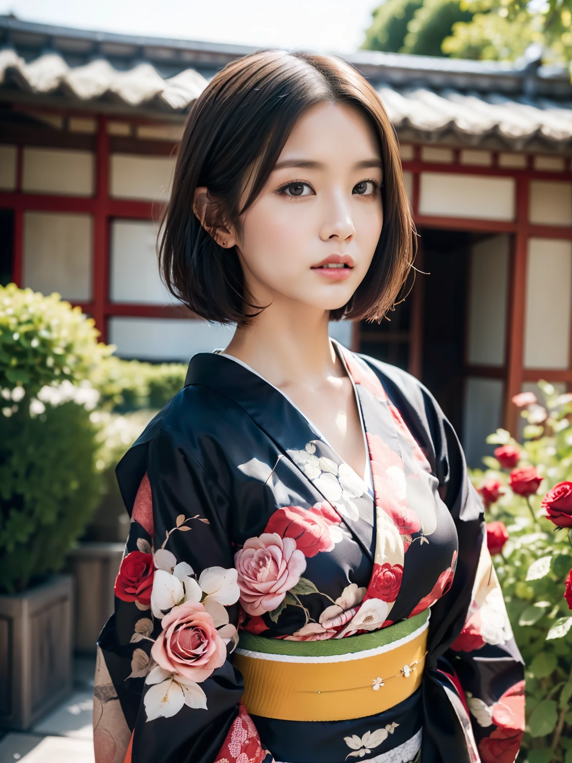 (Japanese kimono made from real roses, Lots of roses), modern art, Intricate Design, highest quality, 8k, masterpiece: 1.3, Clear focus: 1.2、Short Hair、Japanese women、Kimono actress、33 years old、Beautiful woman with perfect figure: 1.4, Highly detailed face and skin texture, Fine grain, Closed lips