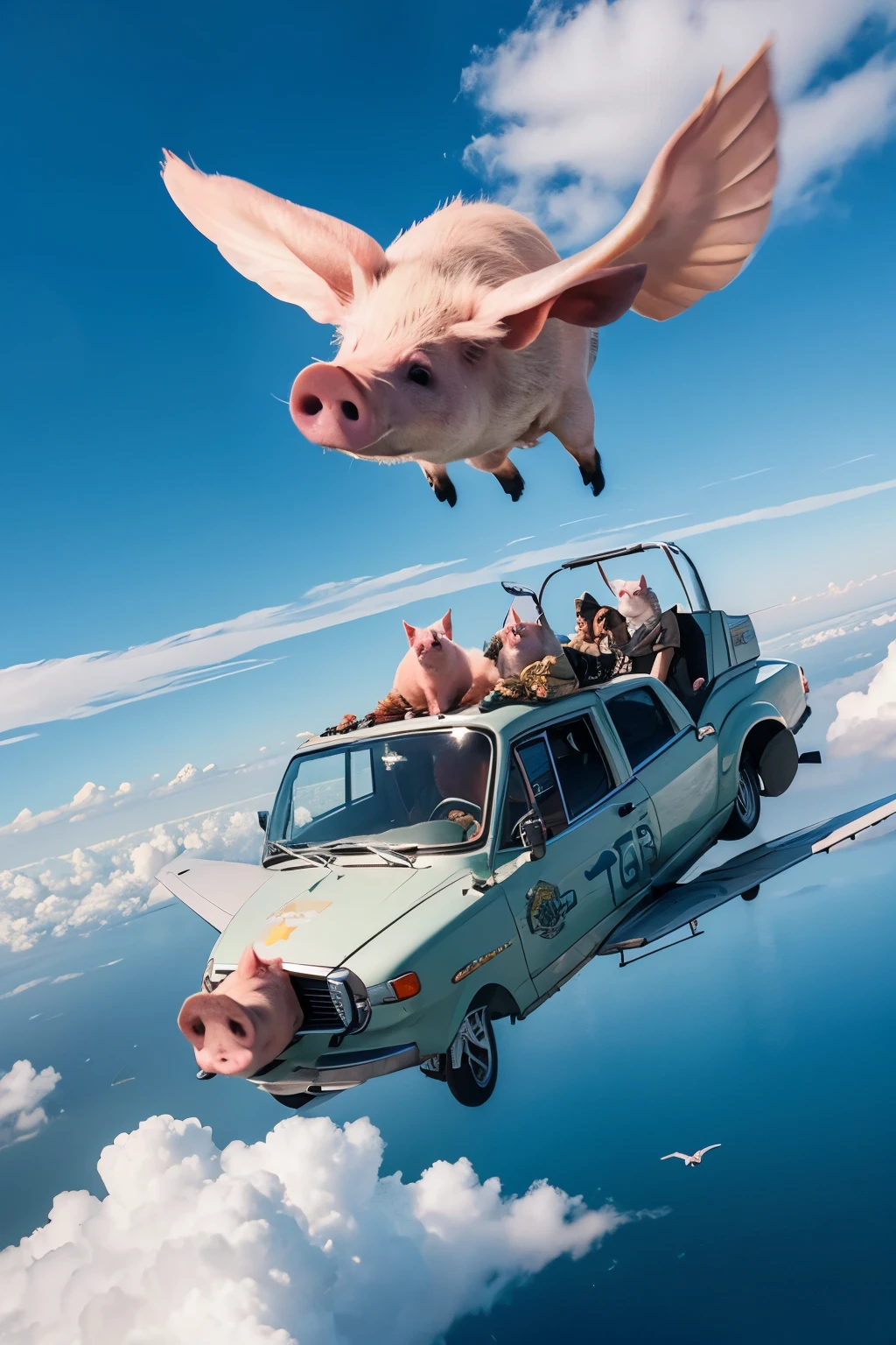 A group of pigs flying in the sky
