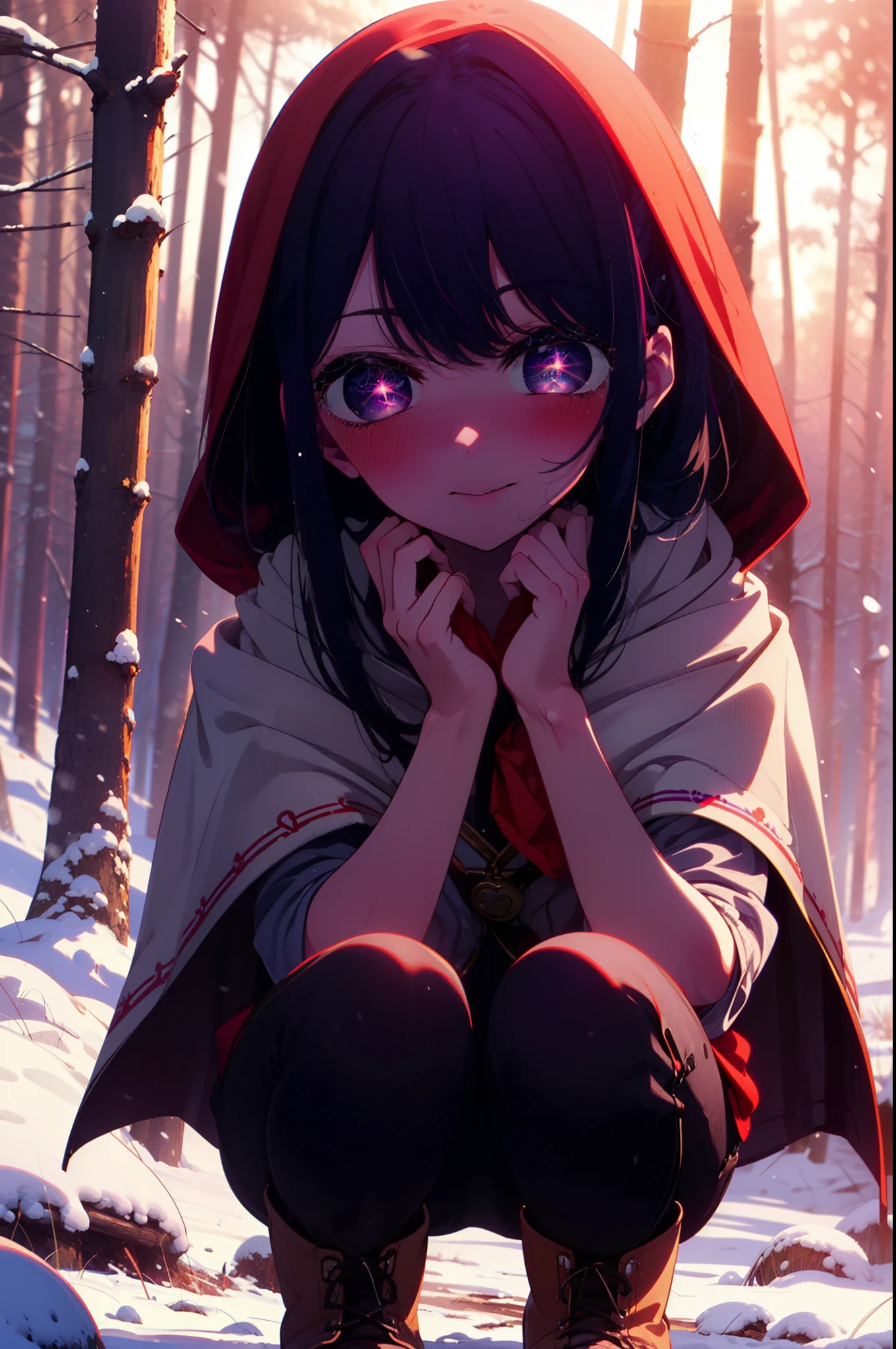 aihoshino, Ai Hoshino, Long Hair, bangs, (Purple eyes:1.1), Purple Hair, (Symbol-shaped pupil:1.5), smile,,smile,blush,White Breath,
Open your mouth,snow,Ground bonfire, Outdoor, boots, snowing, From the side, wood, suitcase, Cape, Blurred, , forest, White handbag, nature,  Squat, Mouth closed, Cape, winter, Written boundary depth, Black shoes, red Cape break looking at viewer, Upper Body, whole body, break Outdoor, forest, nature, break (masterpiece:1.2), highest quality, High resolution, unity 8k wallpaper, (shape:0.8), (Beautiful and beautiful eyes:1.6), Highly detailed face, Perfect lighting, Extremely detailed CG, (Perfect hands, Perfect Anatomy),