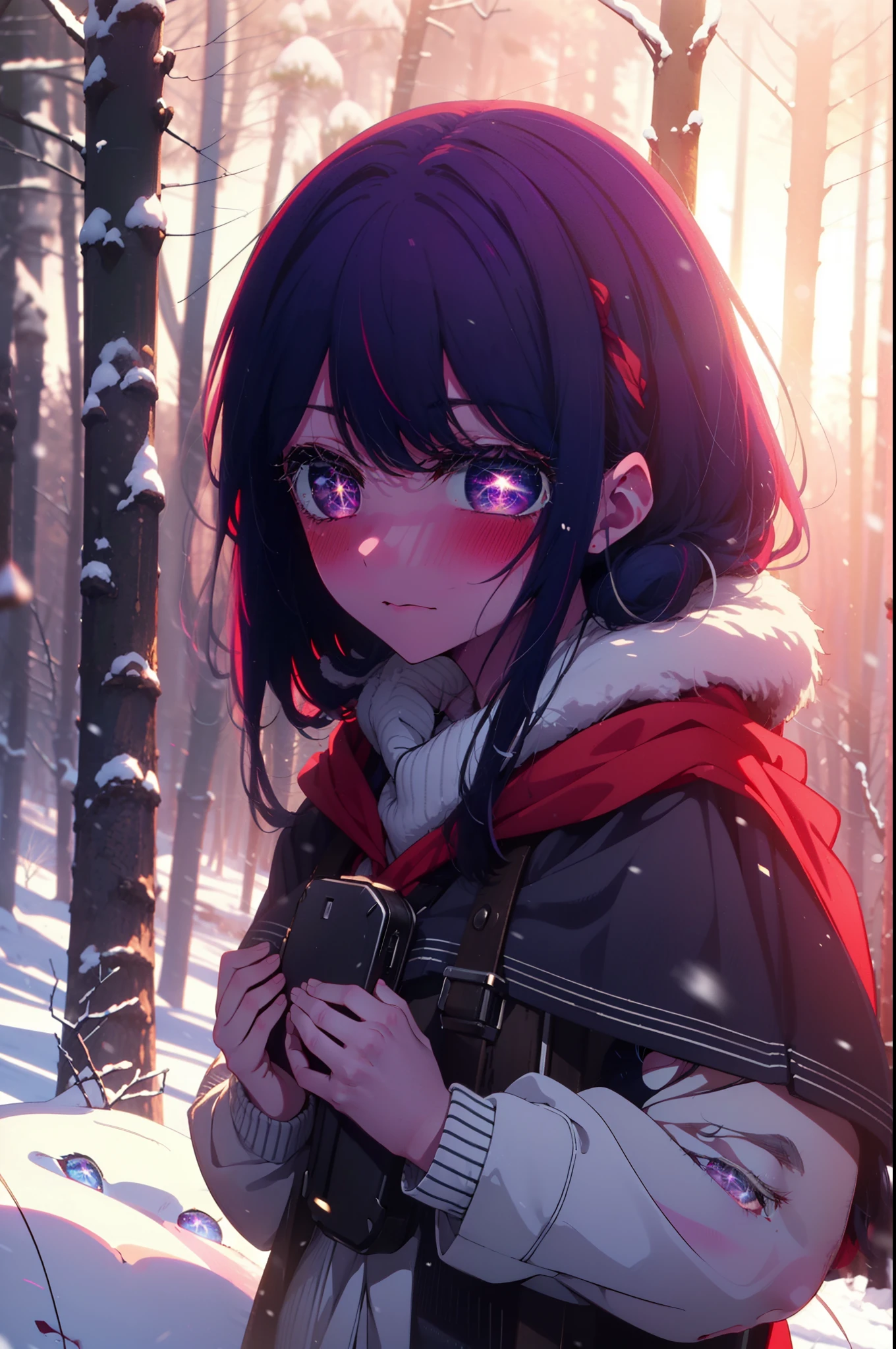 aihoshino, Ai Hoshino, Long Hair, bangs, (Purple eyes:1.1), Purple Hair, (Symbol-shaped pupil:1.5), smile,,smile,blush,White Breath,
Open your mouth,snow,Ground bonfire, Outdoor, boots, snowing, From the side, wood, suitcase, Cape, Blurred, , forest, White handbag, nature,  Squat, Mouth closed, Cape, winter, Written boundary depth, Black shoes, red Cape break looking at viewer, Upper Body, whole body, break Outdoor, forest, nature, break (masterpiece:1.2), highest quality, High resolution, unity 8k wallpaper, (shape:0.8), (Beautiful and beautiful eyes:1.6), Highly detailed face, Perfect lighting, Extremely detailed CG, (Perfect hands, Perfect Anatomy),