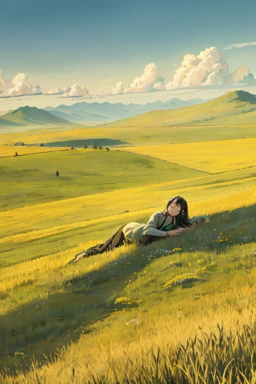 lying on a meadow of dense (very tall steppe grass)
