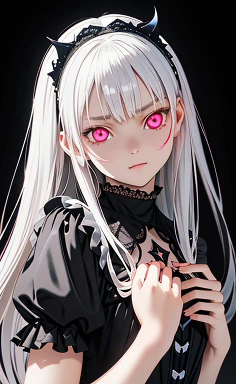 (Photorealistic:1.4)、asuna,(masterpiece、lens flare:1.5、spot light:1.2、Exquisite beautiful eyeonochrome:1.5,portlate、)(),()
、Cute Face、 3D Face、(pearl white hair:1.5、Straight Hair)、(two side up),(1 Girl)、(Red eyes:1.2)、(upper body)、(evil　Face:1.6)、(head tilt) ,(Cute face:1.2),(flat chest),(),kind face,(white　lace frilled gothic lolita),(black background:1.5)、(glowing eyes:1.3)、()、 Neat and clean、Adorable、Slim Body(Tareme:1.5),Shiny Hair、(Glowing pink Skin)、Nijisketch,Manga,zydG