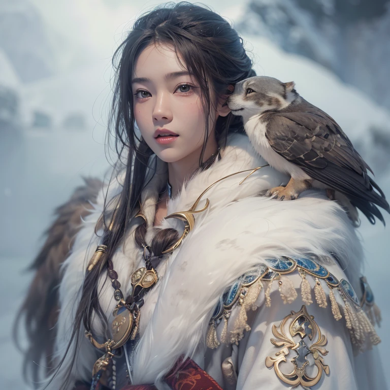Hiding in the snowy mountains、Hair flow、 ((highest quality、masterpiece、8k、Best image quality、Ultra-high resolution、Award-winning works)、(Accurate ???????:1.1)、(Look at me and smile:1.1)、Shining fair skin with Ultra-high resolution、The most detailed face、Ultra-high resolution detailed face、Ultra-high resolutionの髪の毛、(Ultra-high resolutionの煌めく瞳:1.1)、Beautiful face drawn in every detail、(Blurred Background:1.1)、Ancient Inuit clothing, Chest to chest, tattoo, Old ruins in the background、he&#39;its big, You have a real hawk on your shoulder.. 