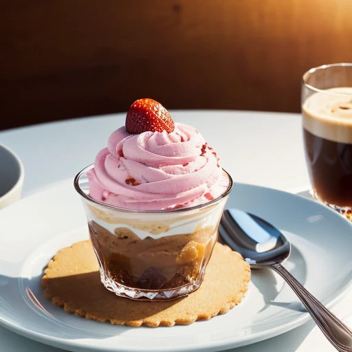 there are two desserts in glasses on a table with a cup of coffee, delicious, Professional cooking photos, Vibrant and dynamic, High-quality food photography, Close-up food photography, dessert, Stylish food photography, Excellent detail, Shot with Sony A7III, Etienne Delesser, healthy, Exquisitely crafted down to the last detail, Strawberry ice cream