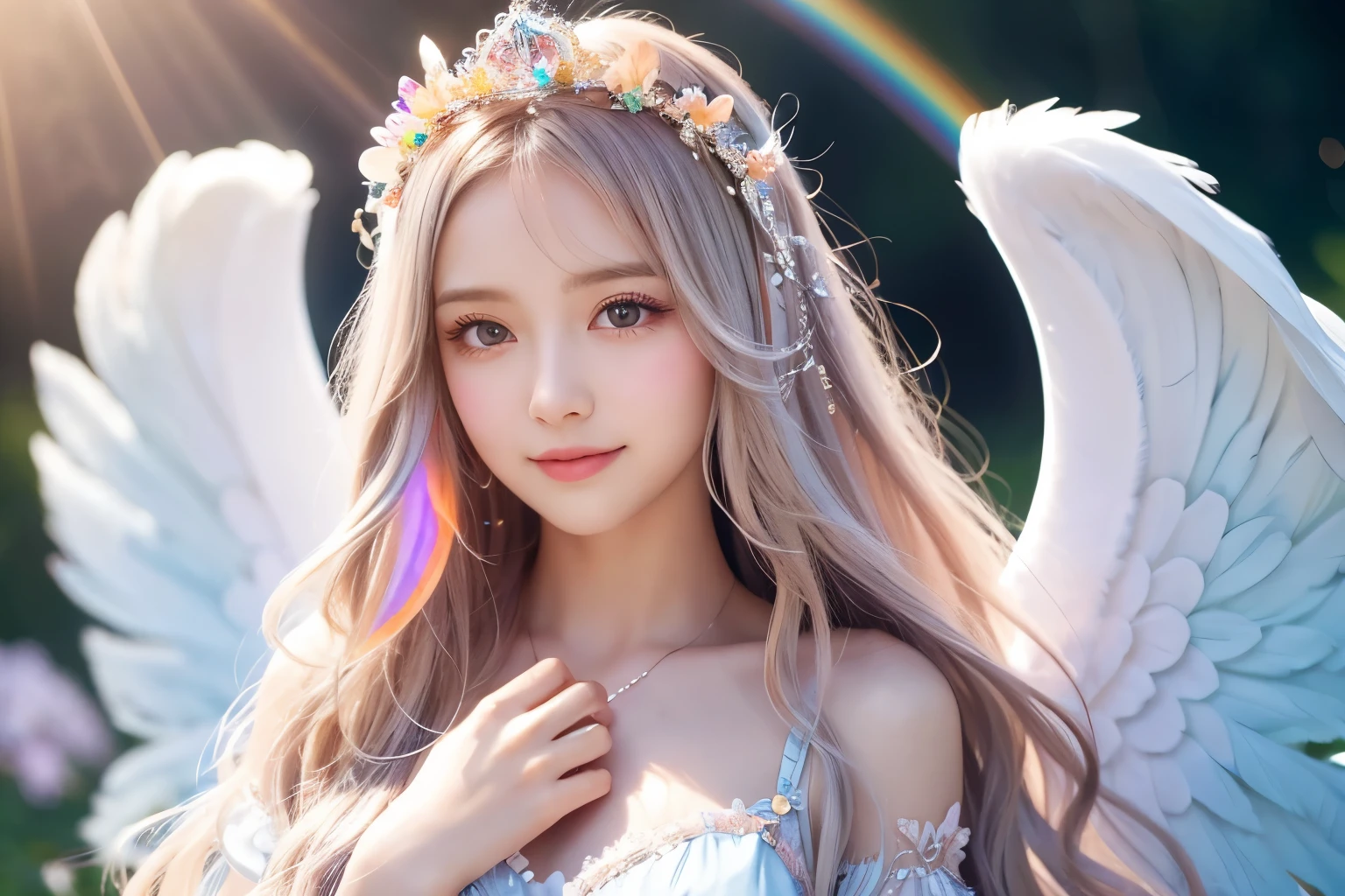 Use magic,Place your hand on your chest,heaven,tiara,Angel,Lolita,woman,Smile,Short sleeve,race,Lens flare,magical energy,healing,Sparkly Background,noon,summer,Light of the sun,Light background,Light blue sky,cute,Princess,clear,happiness,Angelの羽根,Fairy Wings,Silky shiny hair,Glossy Skin,Long Hair,Fairyland,Soft light,,dream,hope,Pop Art,pastel colour,Big Rainbow,Sparkling Eyes,fine,Non-Adult,High resolution,light peach-colored hair,Wavy Hair,Thin eyebrows,Fluffy Feathers,Many white feathers fluttering down