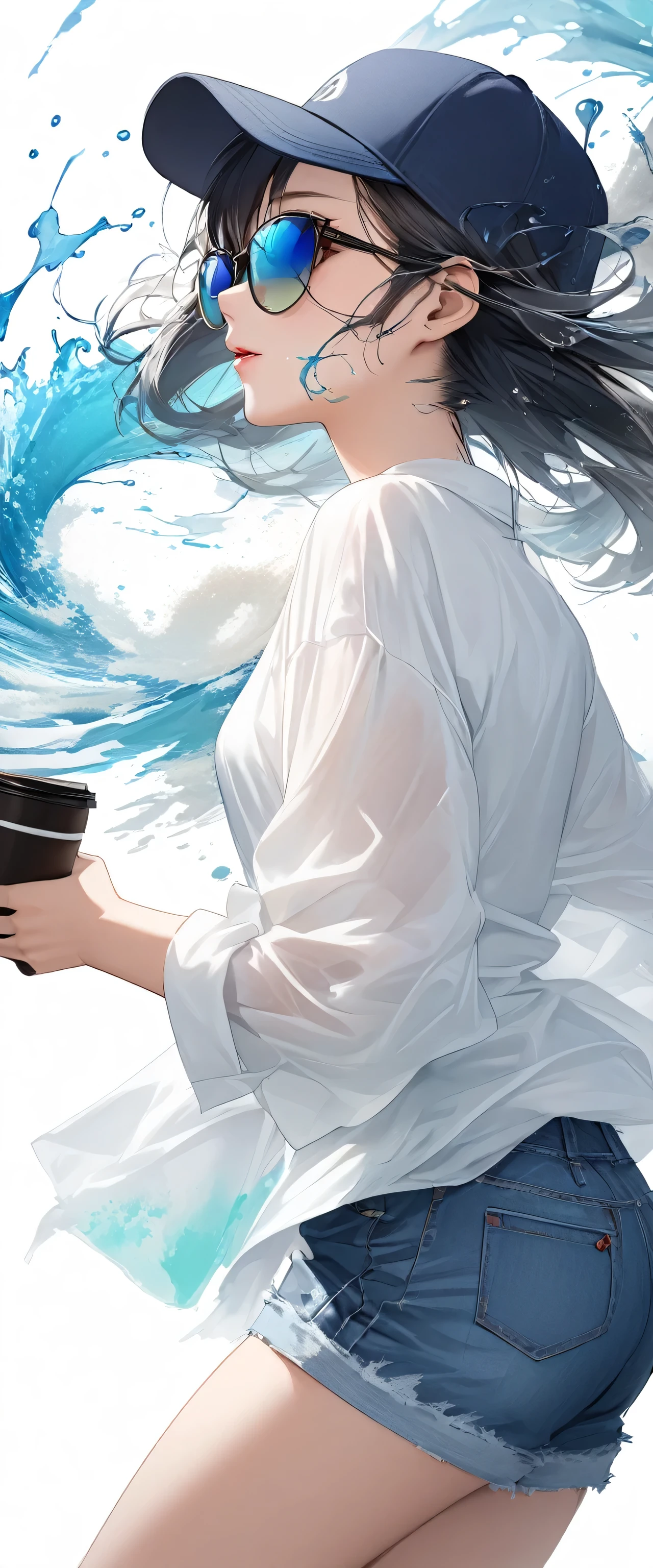 Oriental beautiful girl，sideways，Looking over the shoulder，White transparent real-life painting，Colorful water splash rendering，Facial texture is clear，Dark blue baseball cap worn backwards，loose white shirt，Blue distressed denim shorts，sunglasses，White sand background，messy strokes，holding a cup of coffee in hand