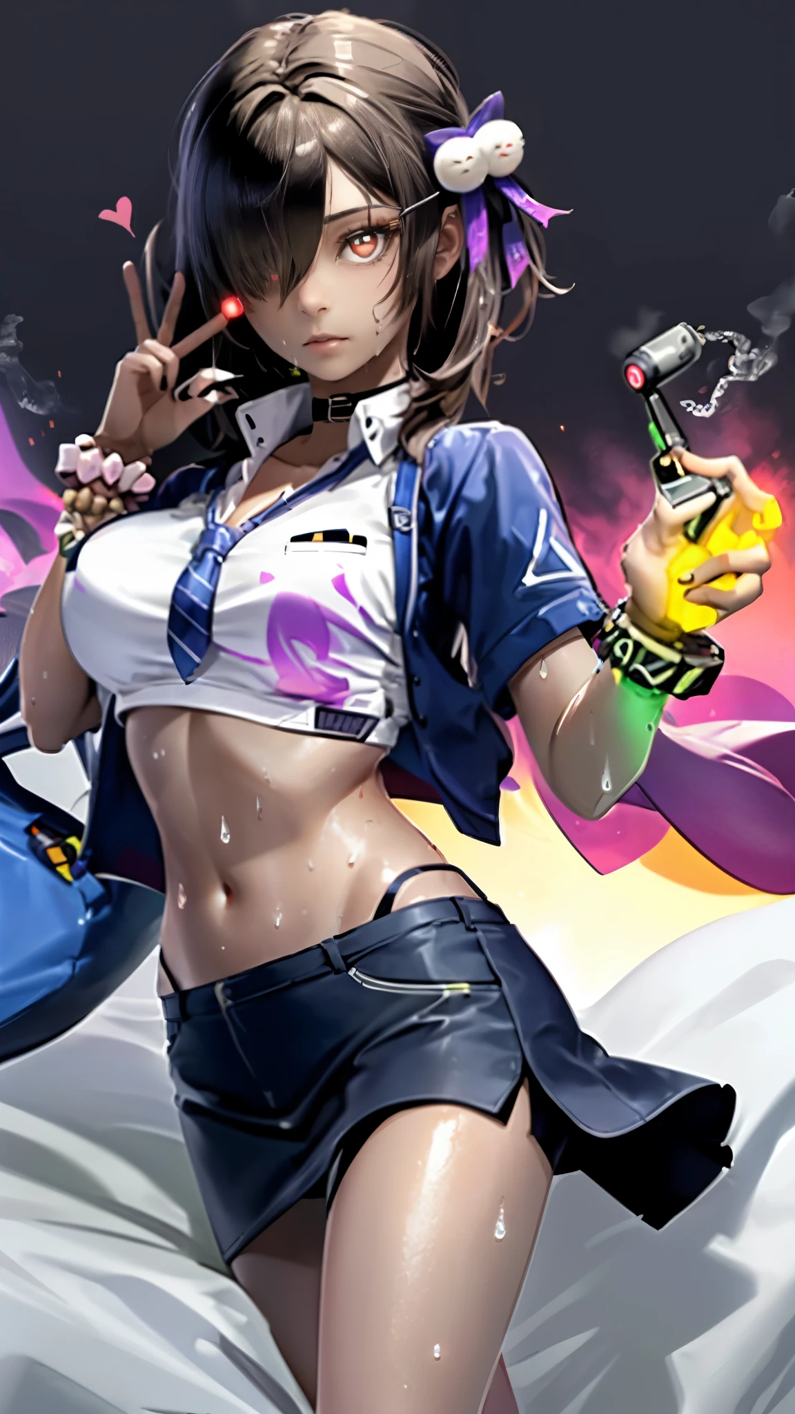 (Safety Sensor、approved、Browsing Safety:1.8), masterpiece、masterpiece、highest quality、highest quality、Perfect human body、Accurate the human body、Lighting to suit the mood、Accurate、Elaborate、Every detail of the face, Dark Skin, Woman with dark skin, Side Ponytail, hair ornaments, Hair Clip, White shirt, Bra visible through clothes, Chest pocket, Black choker, Blue tie, Purple scrunchie, bracelet,Latex Blue Pleated Skirt, Thigh straps, fluorescent lip gloss、Simple Background, whole body, Detailed Background, Leaning forward, alone,Big cleavage、( Big Breasts、An eye is a heart:1.3、Heart Pupil:1.5, Fluorescent contact lenses for eyes:1.5, Glowing oil skin:1.5, Sweat,vapor:1.5)、(Dim lighting:1.5, night:1.5, Love hotels in Japan :1.5、Realistic Background、Realistic:1.5, Many words:1.8、Heart Emotion:1.8, 、Double Peace、Mature adult woman、On the bed、sound、sound、Absolutely safe、Small face、Beautiful Girlfriend