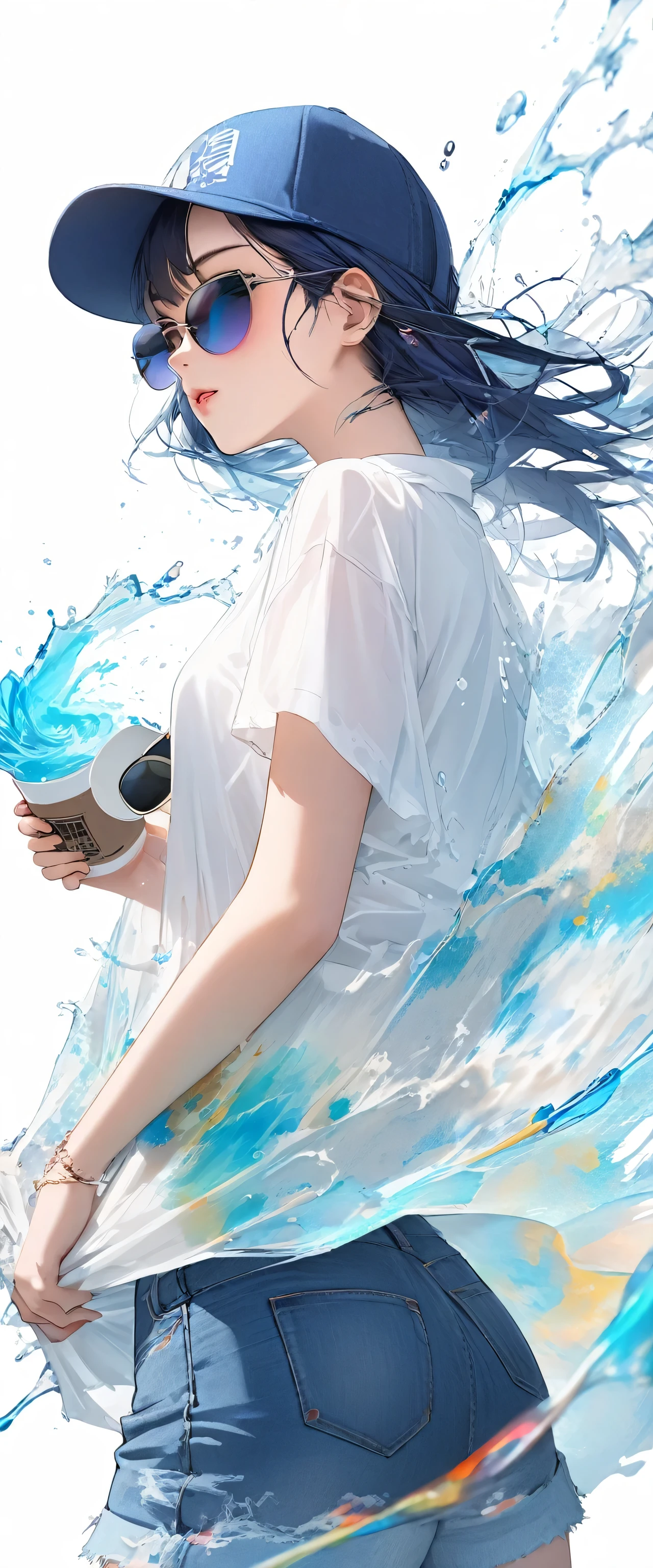 Oriental beautiful girl，sideways，Looking over the shoulder，White transparent real-life painting，Colorful water splash rendering，Facial texture is clear，Dark blue baseball cap worn backwards，loose white shirt，Blue distressed denim shorts，sunglasses，White sand background，messy strokes，holding a cup of coffee in hand