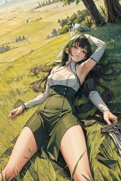 lying on a meadow of dense (very tall blades of grass)