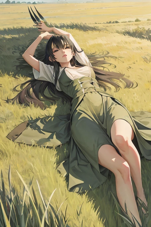 lying on a meadow of dense (very tall blades of grass)