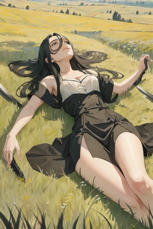 lying on a meadow of dense (very tall blades of grass)