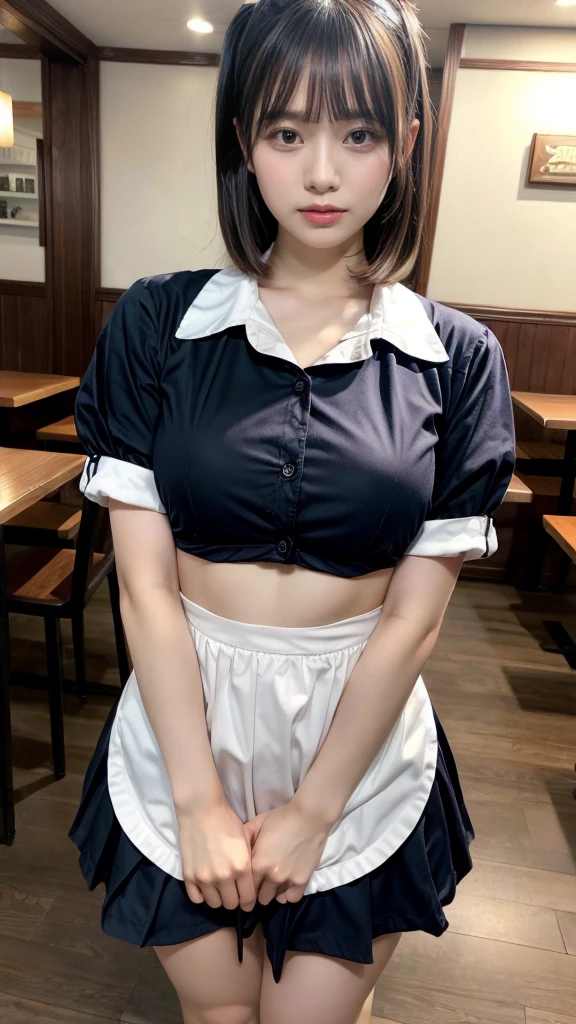 masterpiece, best quality, illustration, Super detailed, fine details, High resolution, 8K,wall paper, perfect dynamic composition,(Details High quality, realistic depiction of eyes:1.3), waitress uniform, restaurant, beautiful chest,very heavy chest, large breasts, Don't expose it, short bob hair、black hair color, Big Natural Color Lip, perfect body shape, crying a little、cold gaze, Harajuku style、20 year old girl、cute type、lolita、beautiful legs, focus on crotch, full body photo, gravure idol