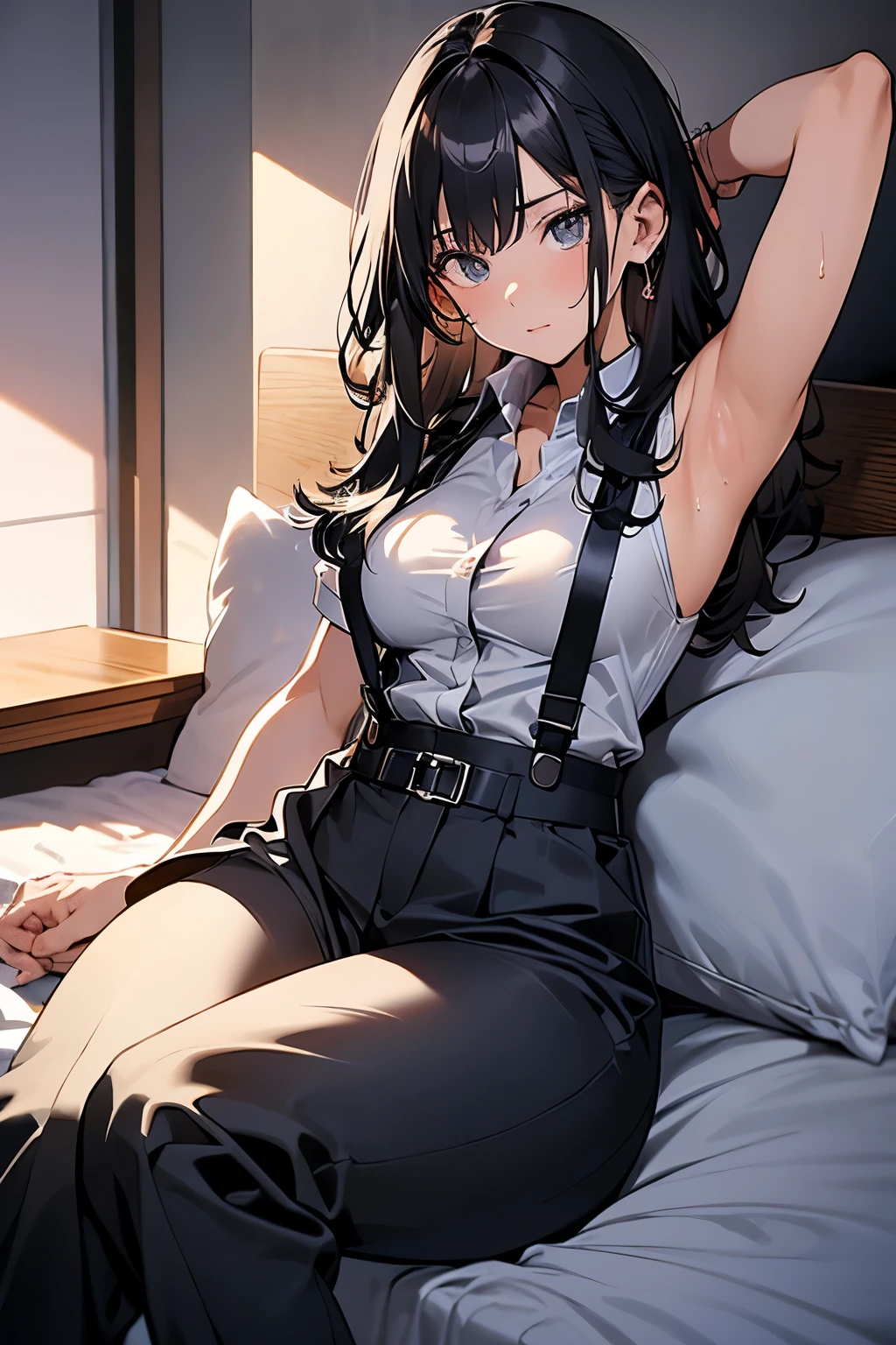hair、Staring at the audience Black suspenders bulging big breasts wall: Black pantsuit sight Small face holster Beautiful woman Show your hand Lying in bed sight Taunt side side汗 arm Dress shirt belt summer Armpit sweat