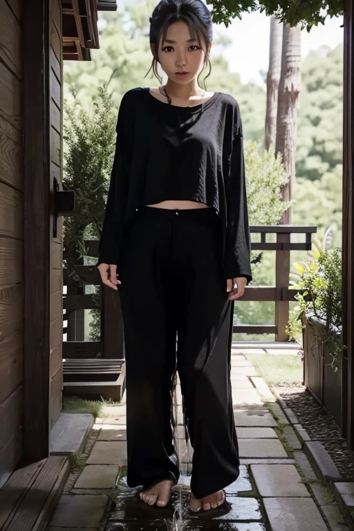 Japanese Girl sees the ghost and pees her black palazzo pants until her pants are wet in fright.