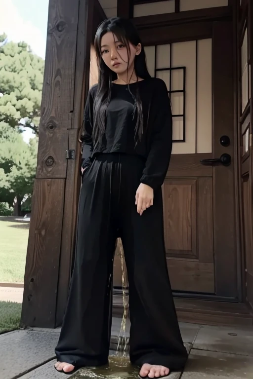 Japanese Girl sees the ghost and pees her black palazzo pants until her pants are wet in fright.