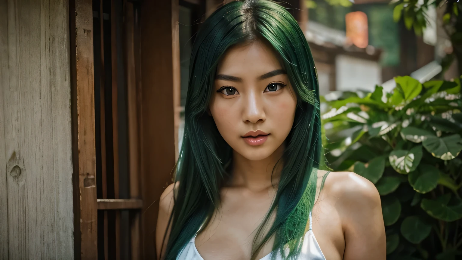 Asian woman, green hair, beautiful asian face, thin lips, sexy chick, 18 years old, blue eyes