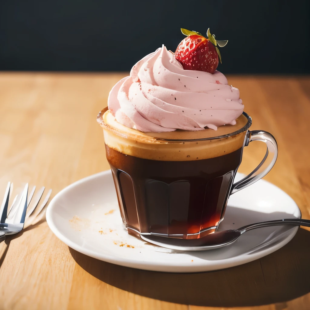 there are two desserts in glasses on a table with a cup of coffee, delicious, Professional cooking photos, Vibrant and dynamic, High-quality food photography, Close-up food photography, dessert, Stylish food photography, Excellent detail, Shot with Sony A7III, Etienne Delesser, healthy, Exquisitely crafted down to the last detail, Strawberry ice cream