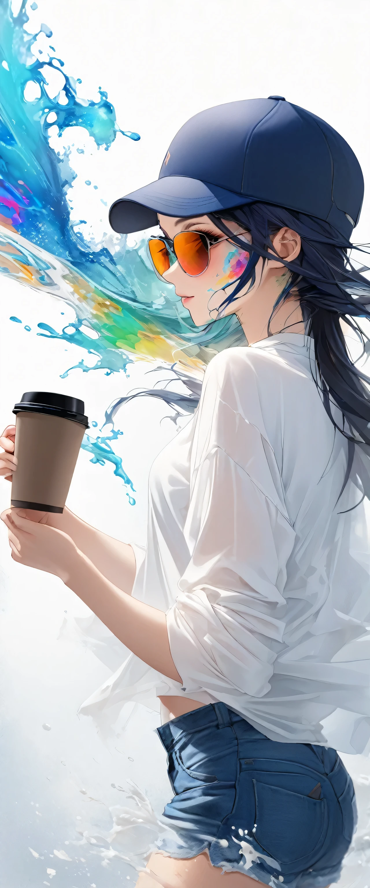 Oriental beautiful girl，sideways，Looking over the shoulder，White transparent real-life painting，Colorful water splash rendering，Facial texture is clear，Dark blue baseball cap worn backwards，loose white shirt，Blue distressed denim shorts，sunglasses，White sand background，messy strokes，holding a cup of coffee in hand