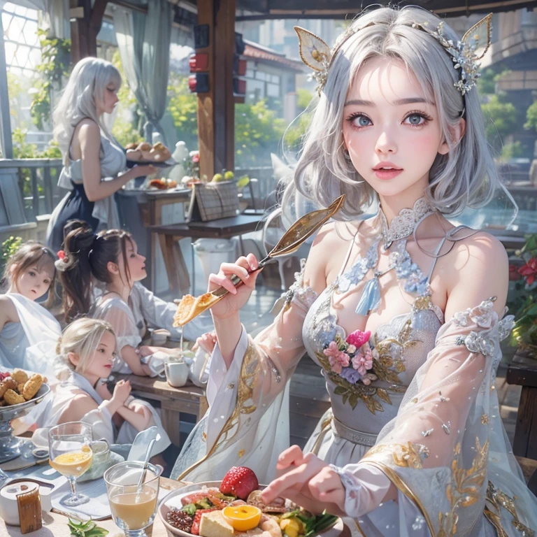 (masterpiece:1.3), (8k, Realistic, RAW Photos, Best image quality: 1.4), Fair-skinned fairy woman、short hair、Cleavage:2.0、Highly detailed face、Attention to detail、double eyelid、Sharp focus:1.2、Beautiful woman:1.4、Silvery white hair、highest quality、masterpiece、Ultra-high resolution、(Realistic:1.4)、Highly detailed and professionally lit smiles、Loose, Light,Japanese high 、 one person、whole body,　I eat breakfast 