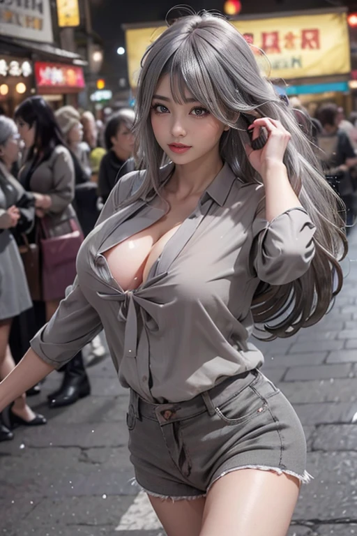 highest quality, Realistic, 8k, High resolution, 1peopleの女の子, woman,(Skin dents), (Large Breasts), (Professional Lighting, Bokeh), (street), (people々, crowd:0.6), market, (night:1.2),(Gray Hair:2.0), (blouse:1.5), (I wore:0.6), nice, bloom, (Floating Hair),(Particles of light, Lens flare, Glowing particles:0.6), (Dynamic pose:1.2), Soft lighting,