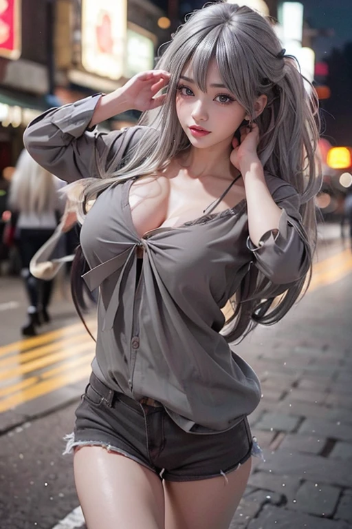 highest quality, Realistic, 8k, High resolution, 1peopleの女の子, woman,(Skin dents), (Large Breasts), (Professional Lighting, Bokeh), (street), (people々, crowd:0.6), market, (night:1.2),(Gray Hair:2.0), (blouse:1.5), (I wore:0.6), nice, bloom, (Floating Hair),(Particles of light, Lens flare, Glowing particles:0.6), (Dynamic pose:1.2), Soft lighting,