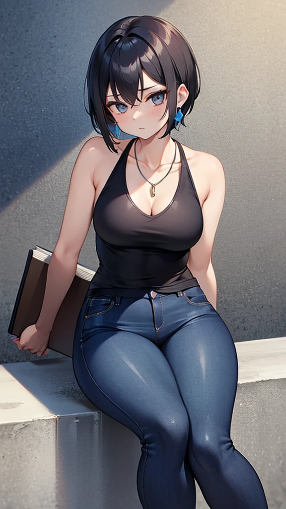 Black sleeveless、beauty、Tight skinny jeans、Beautiful body lines、28 years old、short hair、hand2Book、Wall thickness、Glamour、Earrings、necklace、office Street、blue sky