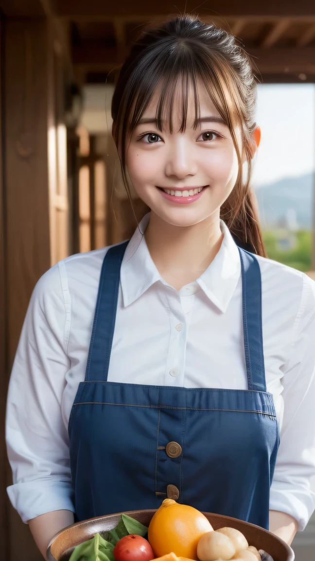 Enhanced dynamic perspective,Cute cute beautiful girl,JK ,Look at me and smile,simple backgound,Works of masters,high quarity,4K resolution,super-fine,Detailed pubic hair,precise,Cinematic lighting,Leaves the original facial proportions、(large full breasts)、((buttonGap)), nakid apron,