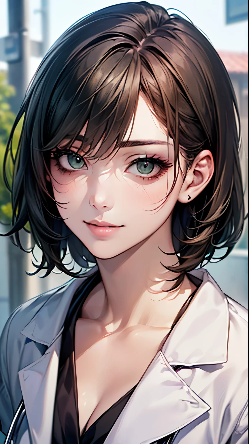 (Browsing Caution:1.2), (8k, RAW Photos, Best image quality, masterpiece: 1.4), (Highly detailed CG Unity 8k wallpaper, highest quality, High resolution: 1.2), (Ultra_Familiar, 超High resolution: 1.2), super highly Familiar, (Realistic, Realistic: 1.48), 1 girl, Focus Only, Side Lock, bangs, ((Dark green eyes:1.4, Round eyes, Beautiful eyelashes)), Clear Eyes,Big Breasts,Shiny Hair, beautiful Familiar cold face,Captivating smile, Beautiful and delicate eyes with exquisite detail,Extremely accurate details,Skin dents,Outdoor,Perfect Face,Perfect body, Beautiful Eyes, Beautiful Face,(Portraiture:1.5),Beautiful clavicle,Upward glance,Very cute woman, ((Female doctor:1.8、(Doctor&#39;s white uniform:1.5、Stethoscope、Glasses:1.3)、clean, Tied up hairstyle))、Medical Gloves、Name tag、Scrub Suits、Examination room、Medical equipment, Brown Hair,