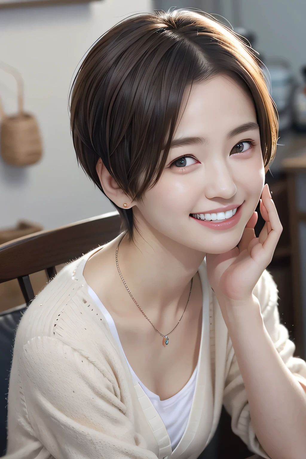 205 ((short hair)), 20-year-old female, In underwear、cardigan、Open your mouth、smile、Beautiful teeth alignment、Black Hair、ear piercing、Necklace around the neck、Looking into the camera, Waiting for the start