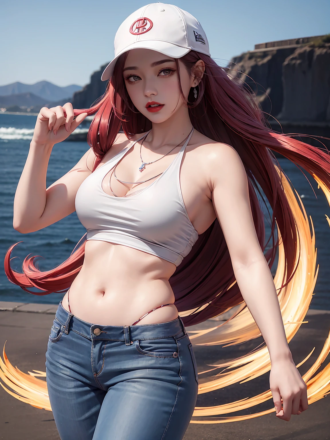 Ultra high quality,8K,Girls do not show their breasts,High cold wind,mouth mask,red lip,The head proportions are perfect,silverlong hair,With baseball cap,Letter T-shirt,Denim pants,Swan neck,brimming with sunshine,necklace of diamonds,The body is well-proportioned,The color of the clothing is bright, high saturation and,High detail depiction,cyperpunk