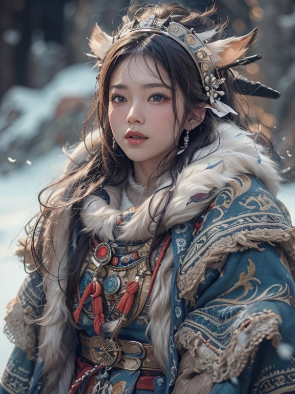 Hiding in the snowy mountains、Hair flow、 ((highest quality、masterpiece、8k、Best image quality、Ultra-high resolution、Award-winning works)、(Accurate anatomy:1.1)、(Look at me and smile:1.1)、Shining fair skin with Ultra-high resolution、The most detailed face、Ultra-high resolution detailed face、Ultra-high resolutionの髪の毛、(Ultra-high resolutionの煌めく瞳:1.1)、Beautiful face drawn in every detail、(Blurred Background:1.1)、Ancient Inuit clothing, Chest to chest, tattoo, Old ruins in the background、He's huge, A real hawk on your shoulder..