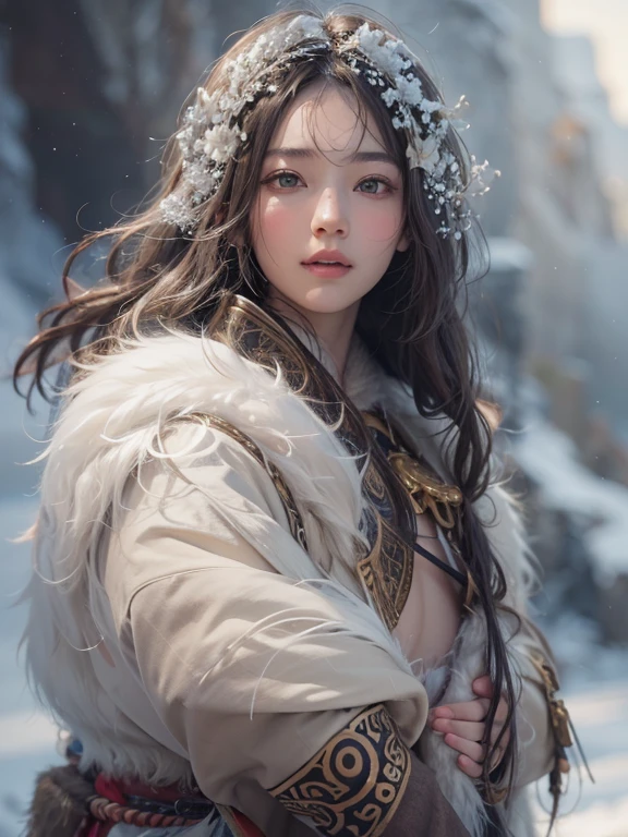 Hiding in the snowy mountains、Hair flow、 ((highest quality、masterpiece、8k、Best image quality、Ultra-high resolution、Award-winning works)、(Accurate anatomy:1.1)、(Look at me and smile:1.1)、Shining fair skin with Ultra-high resolution、The most detailed face、Ultra-high resolution detailed face、Ultra-high resolutionの髪の毛、(Ultra-high resolutionの煌めく瞳:1.1)、Beautiful face drawn in every detail、(Blurred Background:1.1)、Ancient Inuit clothing, Chest to chest, tattoo, Old ruins in the background、He&#39;s huge, A real hawk on your shoulder.. 