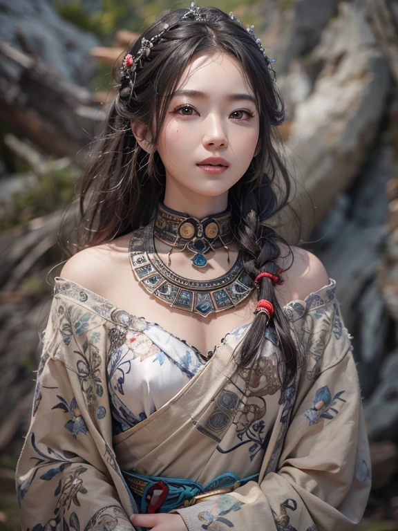 Hiding in the snowy mountains、Hair flow、 ((highest quality、masterpiece、8k、Best image quality、Ultra-high resolution、Award-winning works)、(Accurate anatomy:1.1)、(Look at me and smile:1.1)、Shining fair skin with Ultra-high resolution、The most detailed face、Ultra-high resolution detailed face、Ultra-high resolutionの髪の毛、(Ultra-high resolutionの煌めく瞳:1.1)、Beautiful face drawn in every detail、(Blurred Background:1.1)、Ancient Inuit clothing, Chest to chest, tattoo, Old ruins in the background、He&#39;s huge, A real hawk on your shoulder.. 