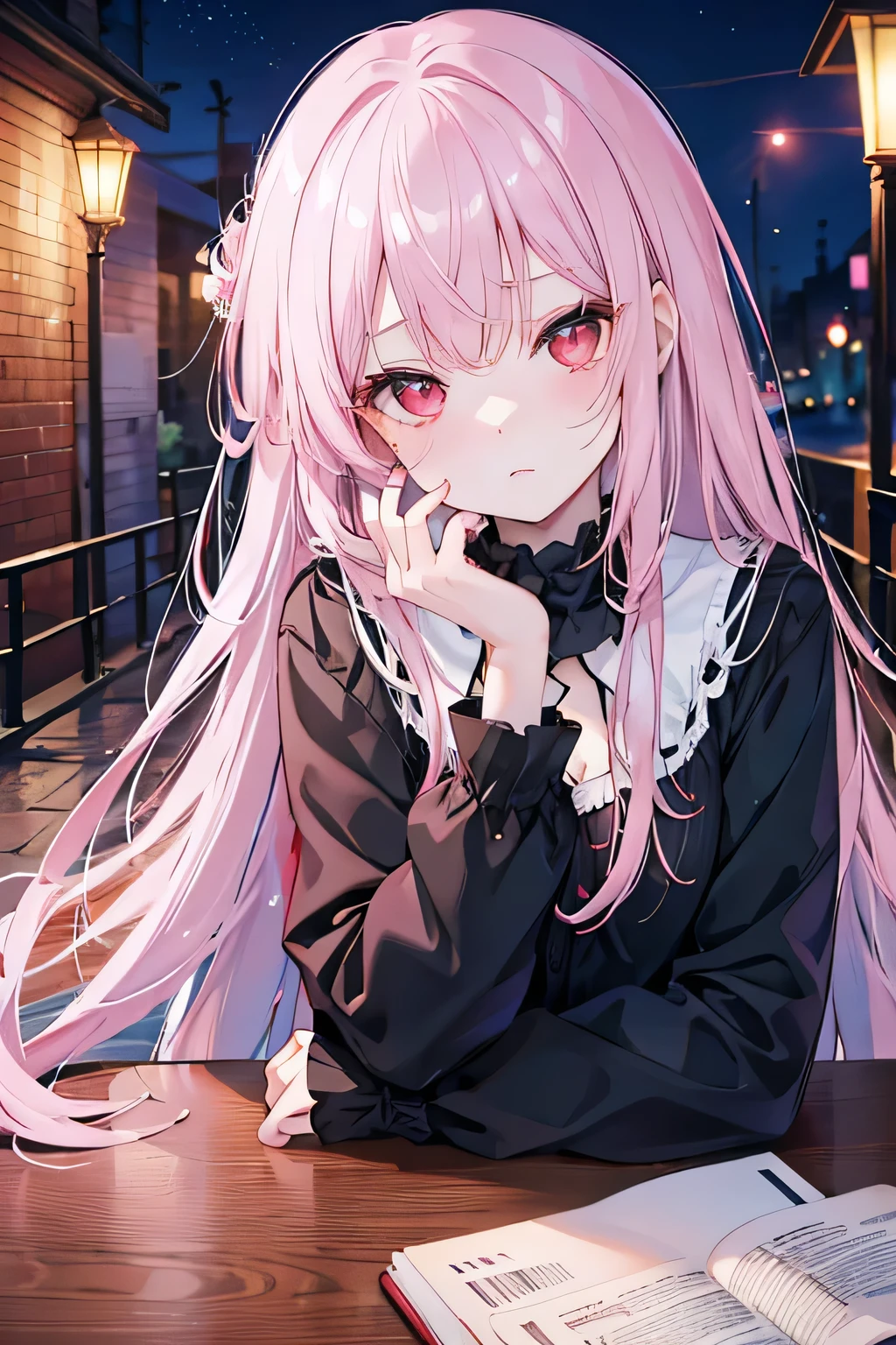 Be a pink-skinned girl, Beautiful Eyes (Red eyes) Deep as the night sky, Half a sad face lying on a table, Gray Hair, I'm watching you, In anime/Semi-realistic art style