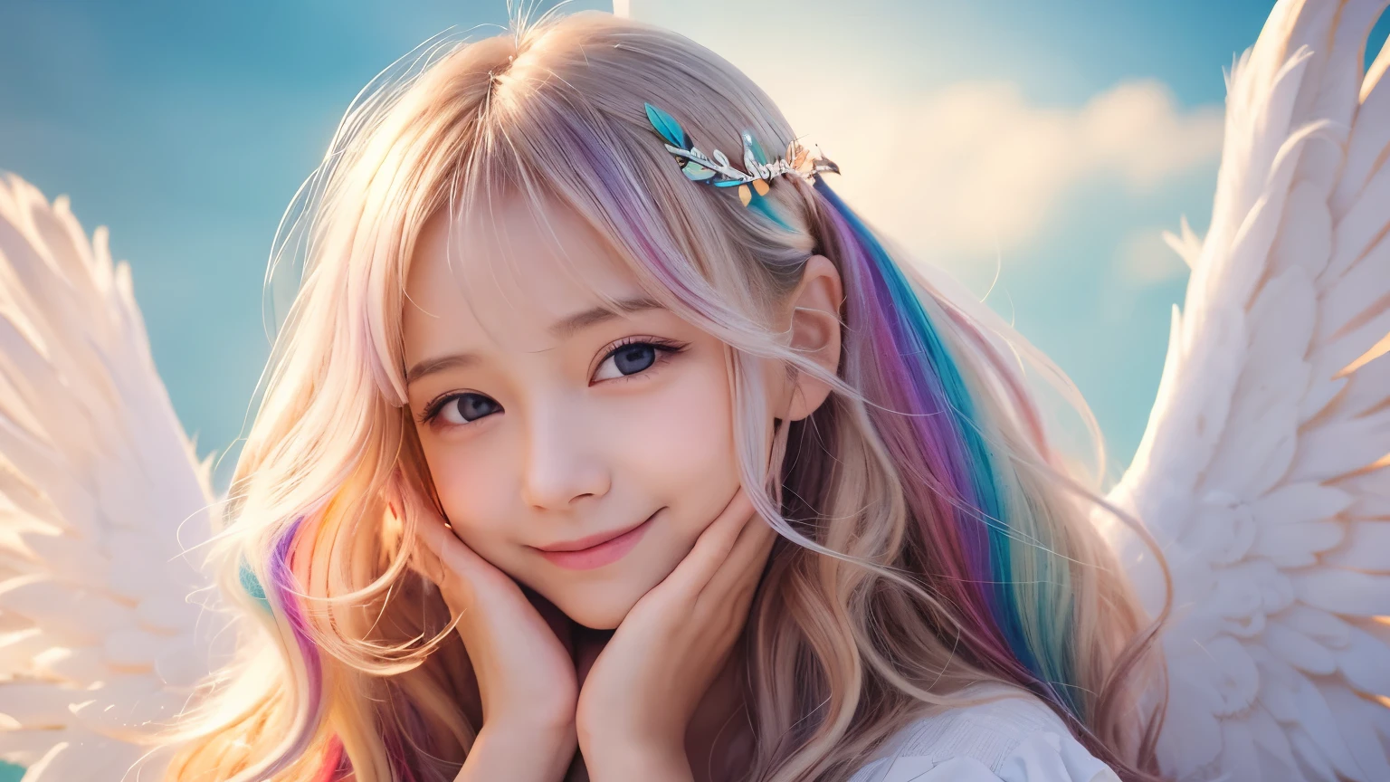 close,Joining hands in prayer,Angel,ta,10 yle,Short sleeve,race,smile,magical energy,healing,noon,summer,Light of the sun,Light background,cute,Princess,clear,happiness,Angelの羽根,Fairy Wings,Silky shiny hair,Glossy Skin,Long Hair,Fairyland,Soft light,rainbow,dream,hope,Pop Art,pastel colour,Sparkling Eyes,fine,Non-Adult,High resolution,light peach-colored hair,Wavy Hair,Thin eyebrows,Fluffy Feathers