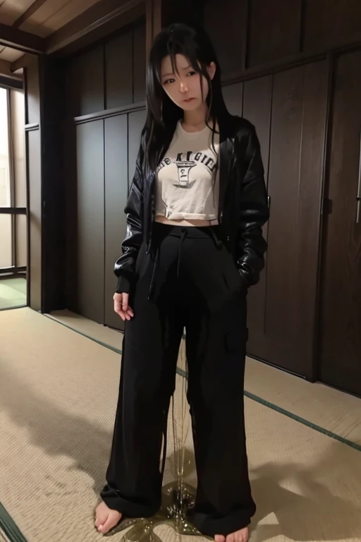 Japanese Girl sees the ghost and pees her black palazzo pants until her pants are wet in fright.