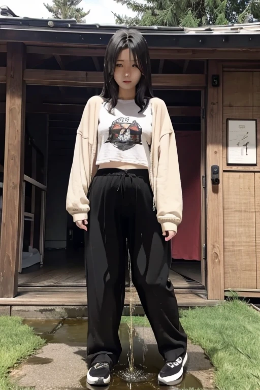 Japanese Girl sees the ghost and pees her black palazzo pants until her pants are wet in fright.