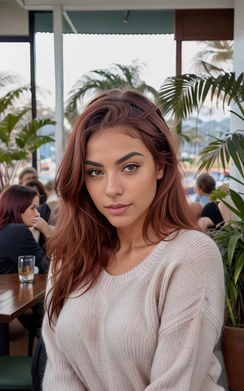 Beautiful redhead in a brown sweater "estilo de dinheiro antigo "(inside a modern cafe at sunset), Muito detalhado, 18 anos, cara inocente, cabelo loiro escuro longo e ondulado natural, olhos verdes, high resolution, Obra-prima, Melhor qualidade,detalhes intrincados, Muito detalhado,sharp focus, Pele detalhada,Textura de pele realista,textura, olhos detalhados, profesional, 4k, sorriso encantador, filmado em Canon, 85mm,profundidade superficial de campo,Kodak Color Vision, corpo em perfeita forma, extremamente detalhado, foto_\(ultra\), fotorrealista, realista, Post-processing, maximum detail, Aspereza, vida real, ultra realista, Fotorrealismo, fotografia, 8K HD, fotografia