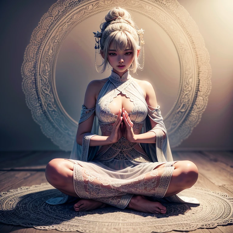 very beautiful delicate buddhism mandala art made by white colored lace, BREAK ,quality\(8k,wallpaper of extremely detailed CG unit, masterpiece,hight resolution,top-quality,top-quality real texture skin,hyper realisitic,increase the resolution,RAW photos,best qualtiy,highly detailed,the wallpaper,cinematic lighting,ray trace,golden ratio\)