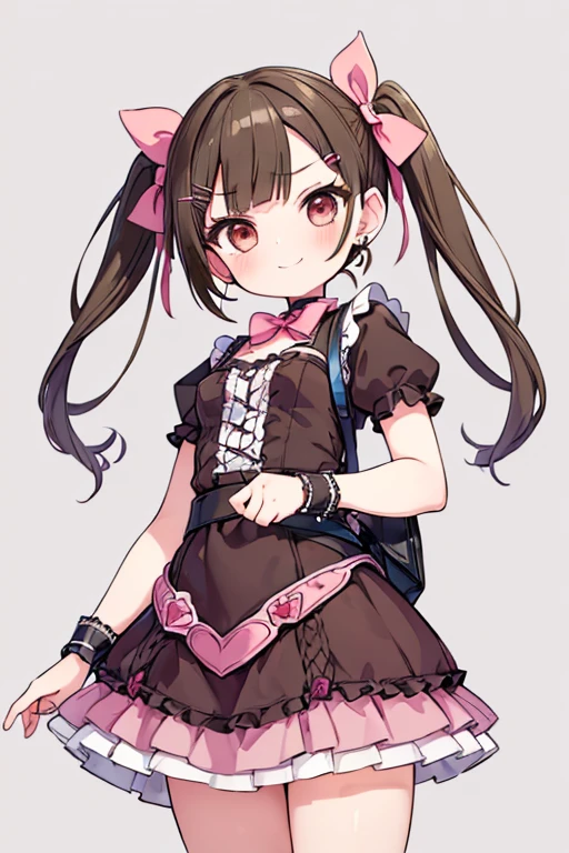 ((Masterpiece: 1.3)), ((Highest quality: 1.2)), ((Very detailed: 1.4)), ((Simple Background: 1.1)), One Girl, 12 year old girl、brown hair, Brown eyes, (short twintails: 1.9), hair bow, hairclip, heart earrings, evil smile, naughty face, anime, Pink Gothic Lolita Dress、Cheerful pose、Small breasts、(Hand guard: 1.2)、waist bag