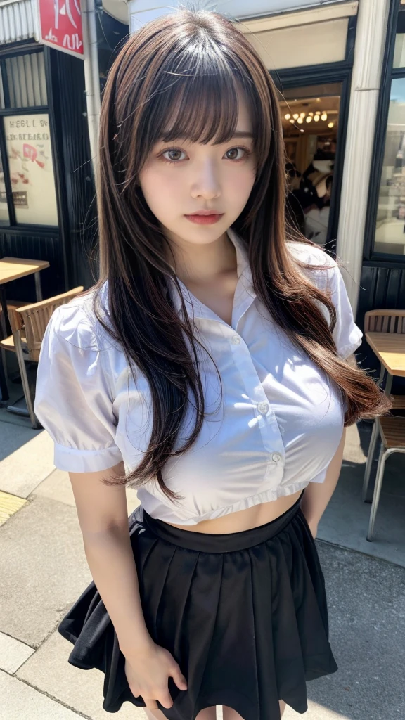 masterpiece, best quality, illustration, Super detailed, fine details, High resolution, 8K,wall paper, perfect dynamic composition,(Details High quality, realistic depiction of eyes:1.3), waitress uniform, restaurant, beautiful chest,very heavy chest, large breasts, short bob hair、black hair color, Big Natural Color Lip, perfect body shape, crying a little、cold gaze, Harajuku style、20 year old girl、cute type、lolita、beautiful legs, focus on crotch, full body photo, gravure idol
