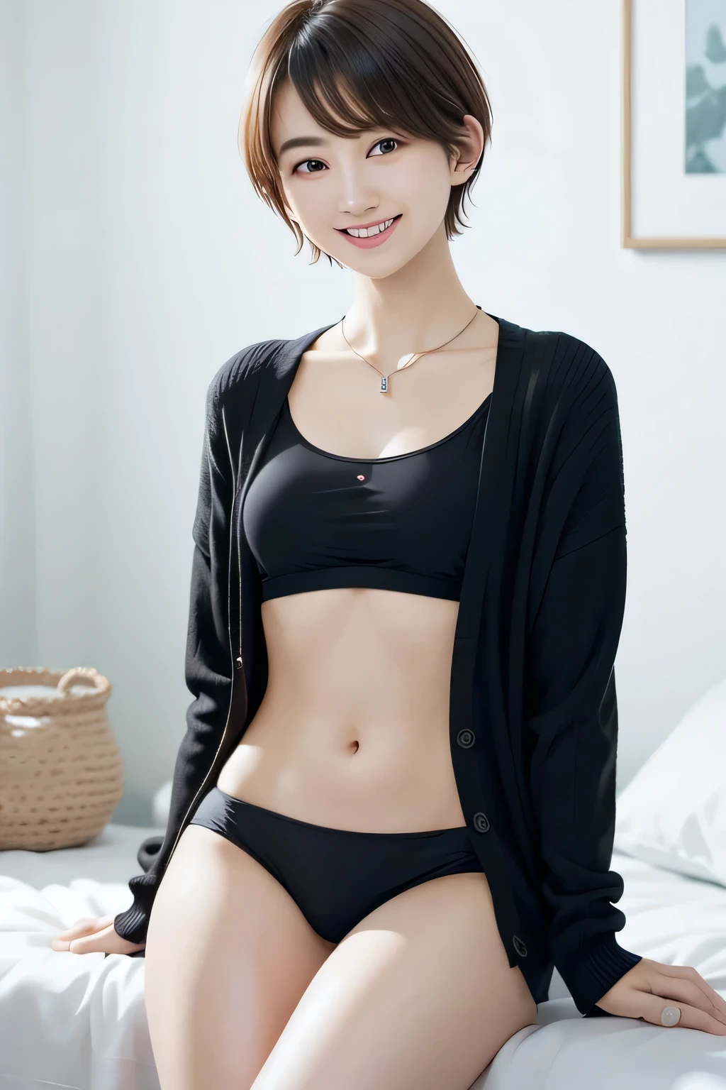 205 ((short hair)), 20-year-old female, In underwear、cardigan、Open your mouth、smile、Beautiful teeth alignment、Black Hair、ear piercing、Necklace around the neck、Looking into the camera, Waiting for the start