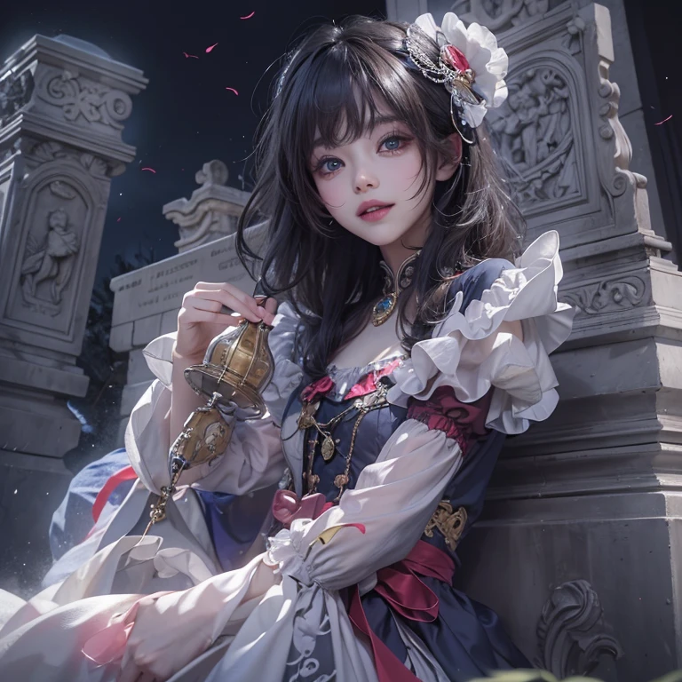 Standing in the grave、Hair flow、 ((highest quality、masterpiece、8k、Best image quality、Ultra-high resolution、Award-winning works)、(Accurate anatomy:1.1)、(Look at me and smile:1.1)、Shining fair skin with Ultra-high resolution、The most detailed face、Ultra-high resolution detailed face、Ultra-high resolutionの髪の毛、(Ultra-high resolution eye:1.1)、Beautiful face drawn in every detail、Cheerful clown costume, Chest to chest, Strange atmosphere, Ghosts flow, Dark Light, At the cemetery, Heavy makeup